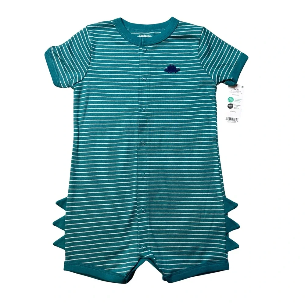 Carter's Romper Kids 24M Green Striped Dinosaur One Piece Snap‎ Front 3D Spikes